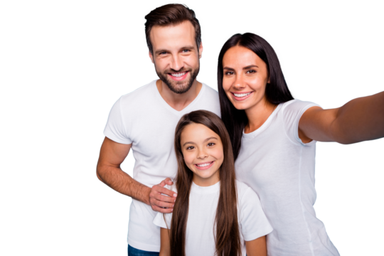 Photo of daddy mommy and small lady making selfies wear casual outfit isolated blue background
