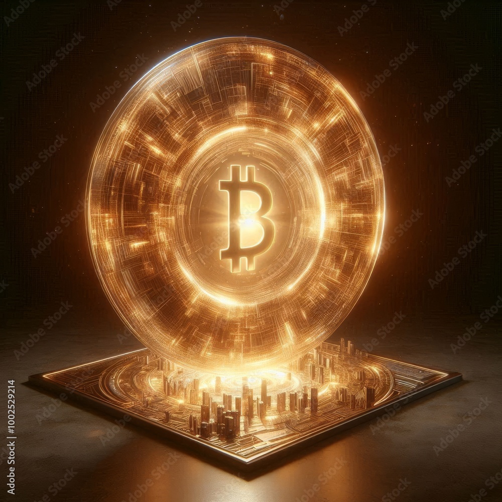 Poster a glowing bitcoin symbol stands out in a high-tech digital environment, representing the future of f