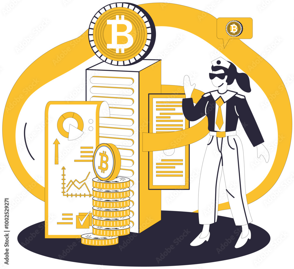 Poster bitcoin wallet vector illustration. in cyberspace, digital wallet is key to unlocking financial oppo