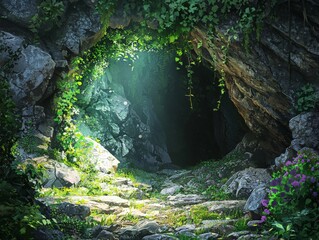 Obraz premium Overgrown Jungle Cave Entrance with Vines and Light