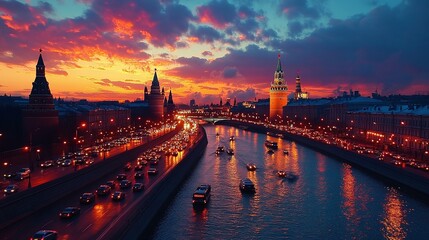 Obraz premium dynamic skyline at dusk with the river and traffic, presenting a beautiful cityscape of vibrant city lights, bustling streets, and the peaceful flow of the river in the evening