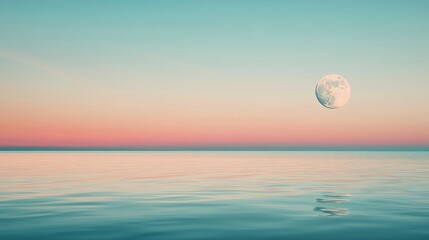 A serene seascape at dusk with a large moon reflecting on calm waters.
