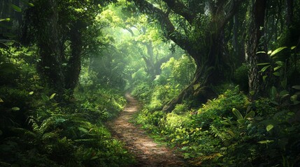 Obraz premium Winding Path Through Overgrown Jungle Forest