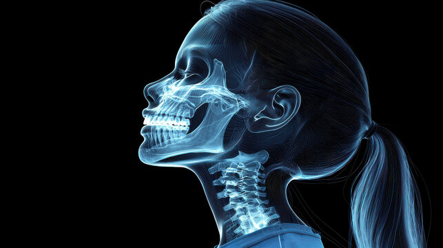 A woman's head is shown in a blue and white color scheme. The image is a close up of the woman's face and neck, with the skull and spine clearly visible. 