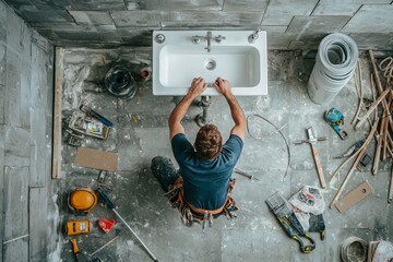 Plumber Adjusting Pipes Under Newly Installed Sink
