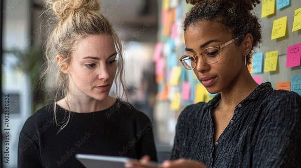 Poster two women using a digital tablet and sticky notes to collaborate on a project, combining creativity 