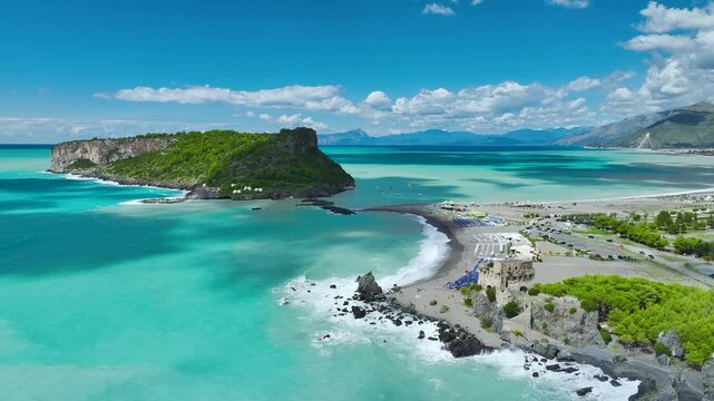 Praia a Mare from a drone, Tyrrhenian Sea, Cosenza, Calabria, Italy, Europe