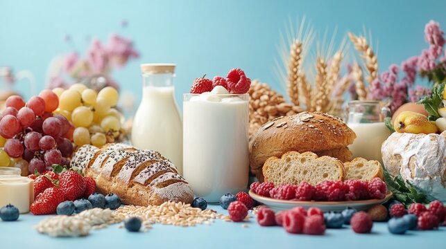 shavuot festive food display featuring dairy products, bread, fruits, and wheat, set against a blue background, reflecting jewish customs and harvest celebration - Powered by Adobe