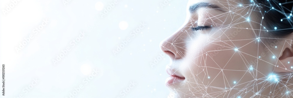 Fototapete Abstract representation of skincare diagrams with lines and dots over a serene woman's profile in a lit environment. Generative AI