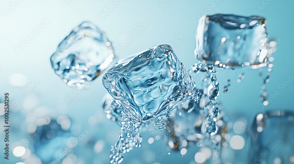 Poster ice cubes float in clear water, creating a refreshing scene with bubbles and splashes, perfect for s