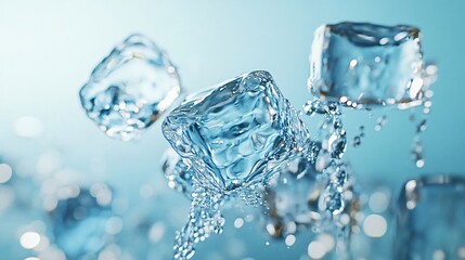 Ice cubes float in clear water, creating a refreshing scene with bubbles and splashes, perfect for summer projects. Melting ice highlights purity and freshness, ideal for hydration themes