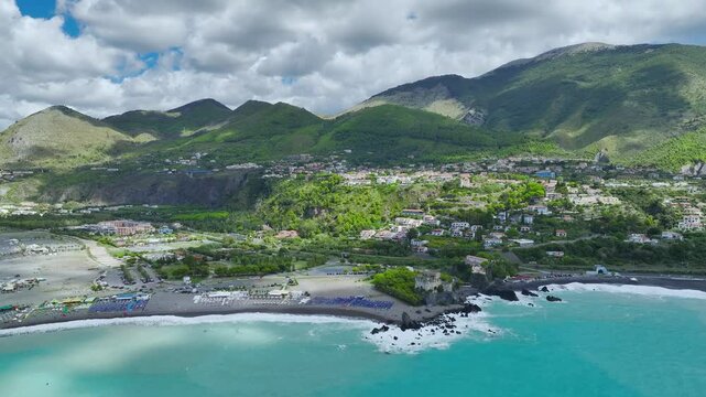 Praia a Mare from a drone, Tyrrhenian Sea, Cosenza, Calabria, Italy, Europe