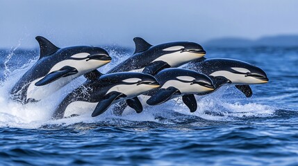 Obraz premium Five orcas leap out of the water, creating splashes and foam, with a blue sky and land in the background.