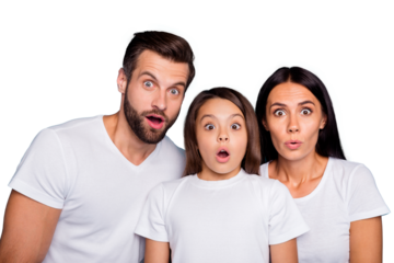 Close up photo of dad mom and small lady listening unexpected bad news wear casual outfit isolated blue background