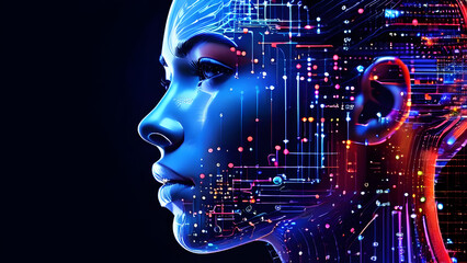 Visually represent the flow of data or light in the form of a human, Add digital patterns or flows around the head to make it look like the AI ​​is understanding human thoughts.