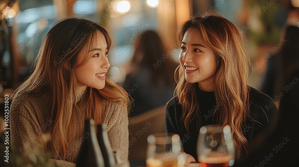 Poster women having a discussion while sitting at a table, creating a friendly and professional atmosphere 