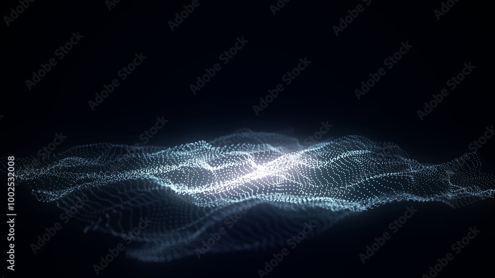 Poster abstract technology wave of particles and lines. big data visualization. background with motion dots