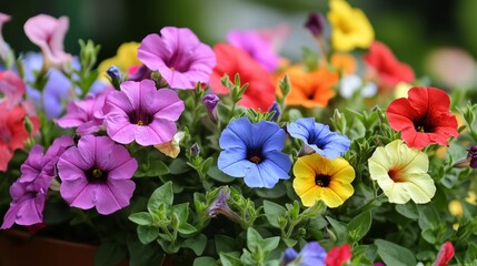 Colorful blooming flowers in a vibrant garden during spring showcasing various hues and types of petunias
