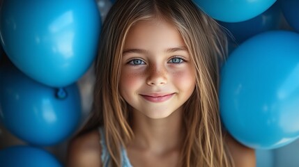 Naklejka premium birthday celebration with a smiling girl and blue balloons, capturing the cheerful spirit, fun, and joy of the occasion in a festive, photo-worthy moment