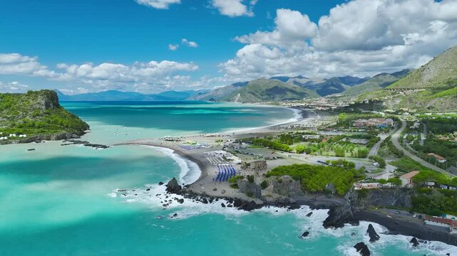 Praia a Mare from a drone, Tyrrhenian Sea, Cosenza, Calabria, Italy, Europe