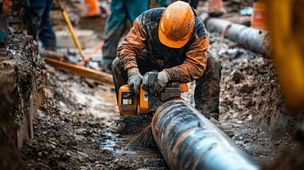 Worker Using Power Saw to Cut Metal Pipe