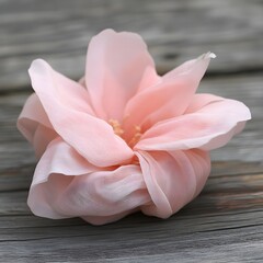  A soft pink blossom wrapped in a delicate fabric, placed on a wooden surface, conveying elegance and simplicity.