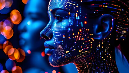 Visually represent the flow of data or light in the form of a human, Add digital patterns or flows around the head to make it look like the AI ​​is understanding human thoughts.