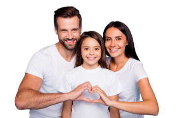 Photo of adopted family taking care of little daughter show heart figure wear casual outfit isolated blue background