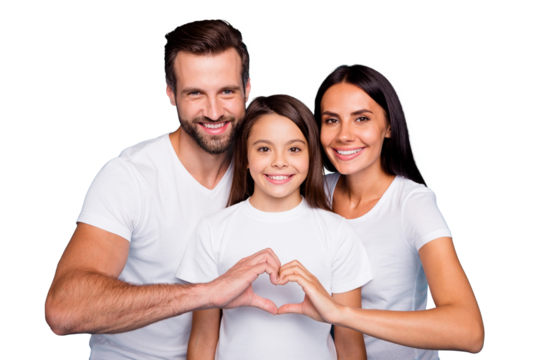 Photo of adopted family taking care of little daughter show heart figure wear casual outfit isolated blue background