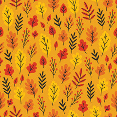 Autumn seamless pattern with colorful leaves on yellow background. Perfect for wallpaper, gift paper, greeting cards. Vector illustration