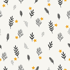 Halloween seamless pattern with branches and stars on white background. Perfect for wallpaper, gift paper, autumn greeting cards. Vector illustration