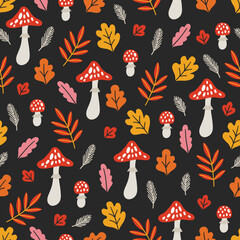 Autumn seamless pattern with mushrooms, leaves, fir branches on black background. Perfect for wallpaper, gift paper, greeting cards. Vector illustration