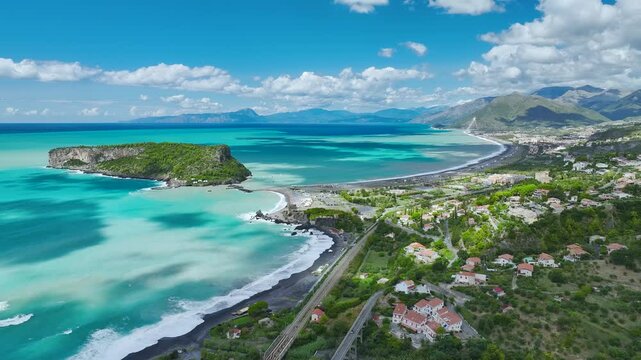 Praia a Mare from a drone, Tyrrhenian Sea, Cosenza, Calabria, Italy, Europe