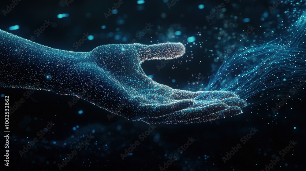 Poster digital hand reaches out, surrounded by glowing particles and waves of light, creating mesmerizing visual effect that evokes sense of wonder and connection