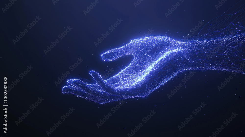 Poster glowing digital hand extends into dark, showcasing abstract futuristic design with intricate lines a