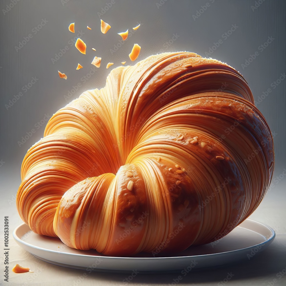 Poster a detailed close-up of a flaky golden croissant resting on a white plate, highlighting the intricate
