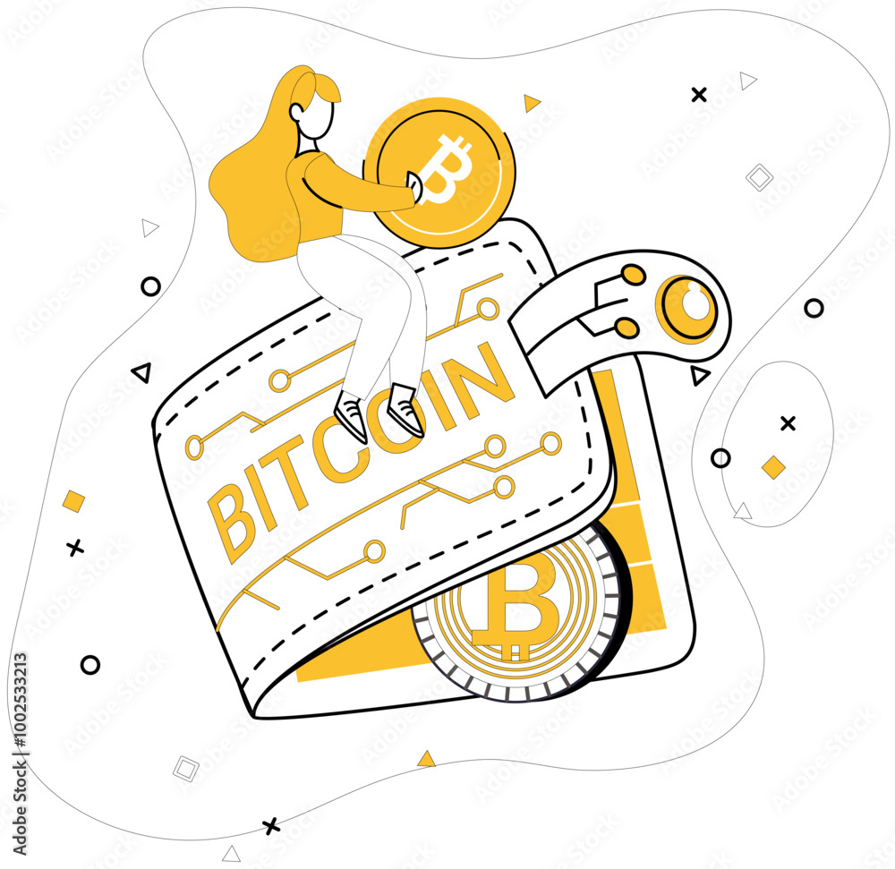 Poster bitcoin wallet vector illustration. banking in digital age requires reliable and secure bitcoin wall