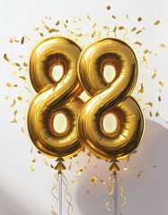 Gold birthday / anniversary balloon, number 88, white background with confetti