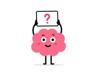 Fototapeta premium Vector cartoon illustration of cute happy brain character hold board with question in hand on white color background. Flat doodle style design of smile brain in search of problem solution