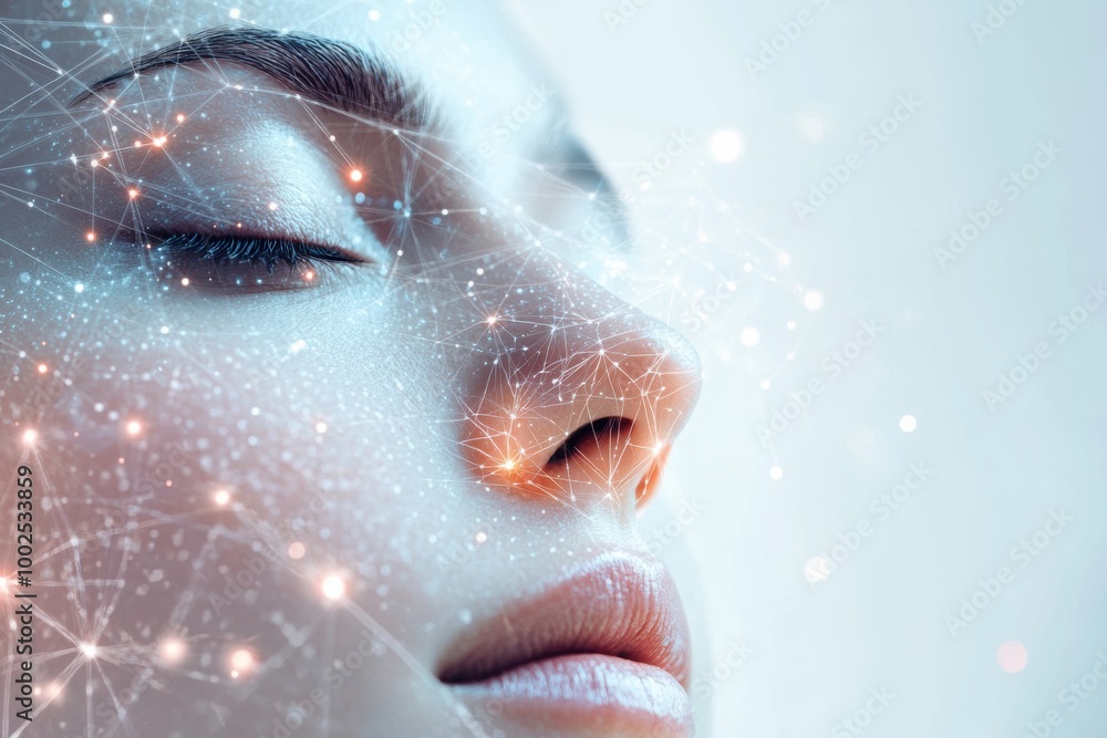 Aufkleber Abstract design featuring lines and dots similar to skincare procedure diagrams in a serene beauty portrait setting. Generative AI