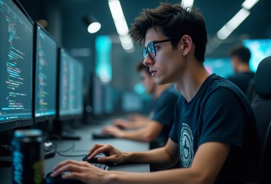 A focused programmer works late into the night, coding on multiple computer screens in a dimly lit office. The scene reflects concentration, technology, and the demands of software development.