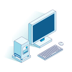 Fototapeta premium Vector illustration of a monitor and a system unit in isometric projection: modern and stylish design of computer equipment, made in minimalistic graphics, which is suitable for projects