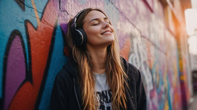 Young beautiful woman wearing headphones listening to music or podcast, smiling on colorful graffiti background street with lights. Panoramic banner. Generative AI.