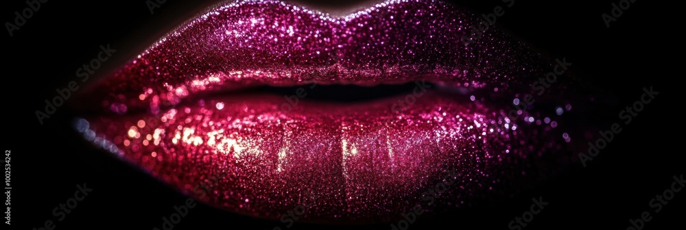 Poster glossy, vibrant lips shimmer with a shiny finish in an artistic close-up, highlighting beauty and al