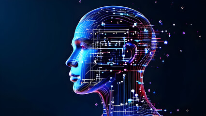 Visually represent the flow of data or light in the form of a human, Add digital patterns or flows around the head to make it look like the AI ​​is understanding human thoughts.