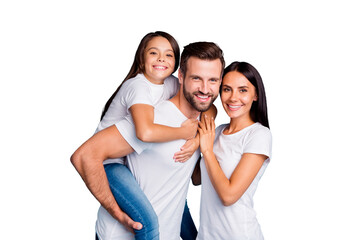 Foster family spending sunny weekend playing outdoor games wear casual outfit isolated blue...