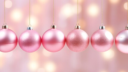 Obraz premium Pink Christmas baubles in a row with bokeh lights background, Christmas themed, Bokeh lights, Christmas balls, HD, Mockup banner with copy space for text 