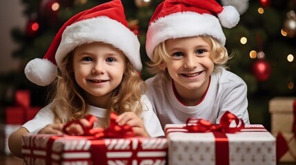 boy and girl kids with claus hat with christmas presents and decor, bokeh lights in the background, Merry Christmas Greeting Card banner invitation wallpaper HD, celebration, Xmas