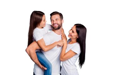 Cute family spending sunny weekend playing outdoor games wear casual outfit isolated blue background