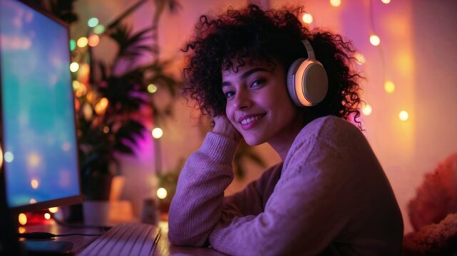 Young african american woman wearing headphones, poc in front of computer smiling in a room with lights at night. Online teacher, software engineer, twitch streamer. Panoramic banner. Generative AI.
